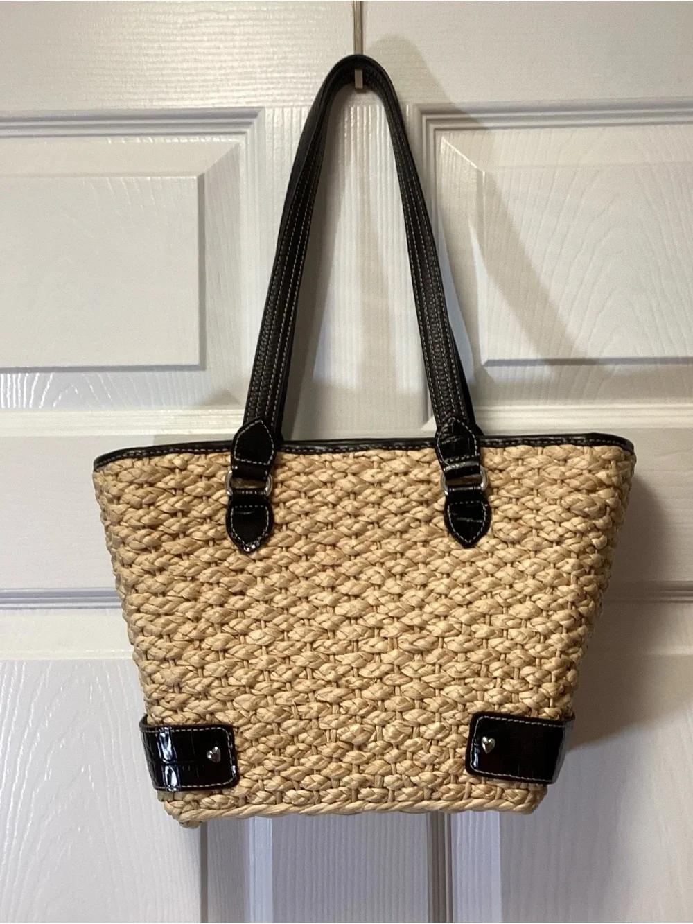 Brighton Handwoven Straw & Black Leather Handbag
